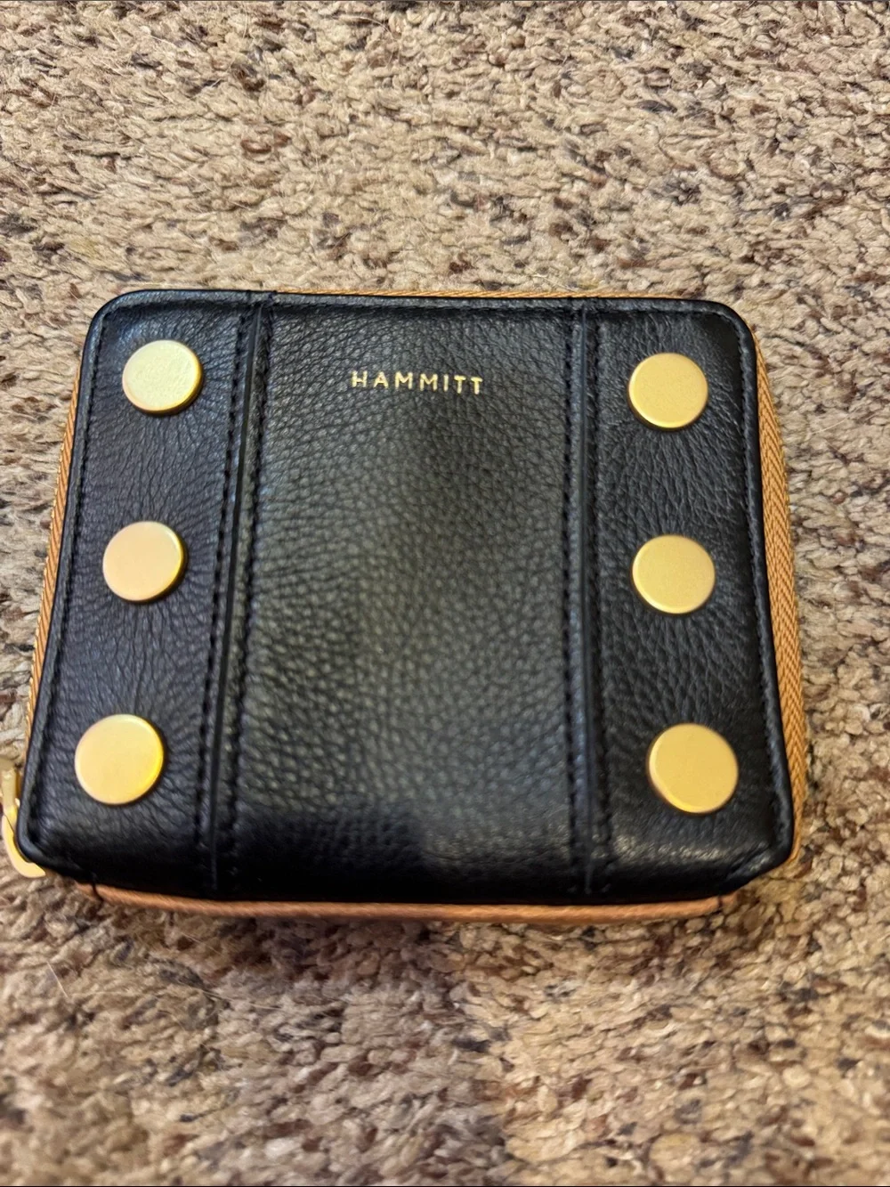 Hammitt Black Leather Zip Card Holder with Gold Studs